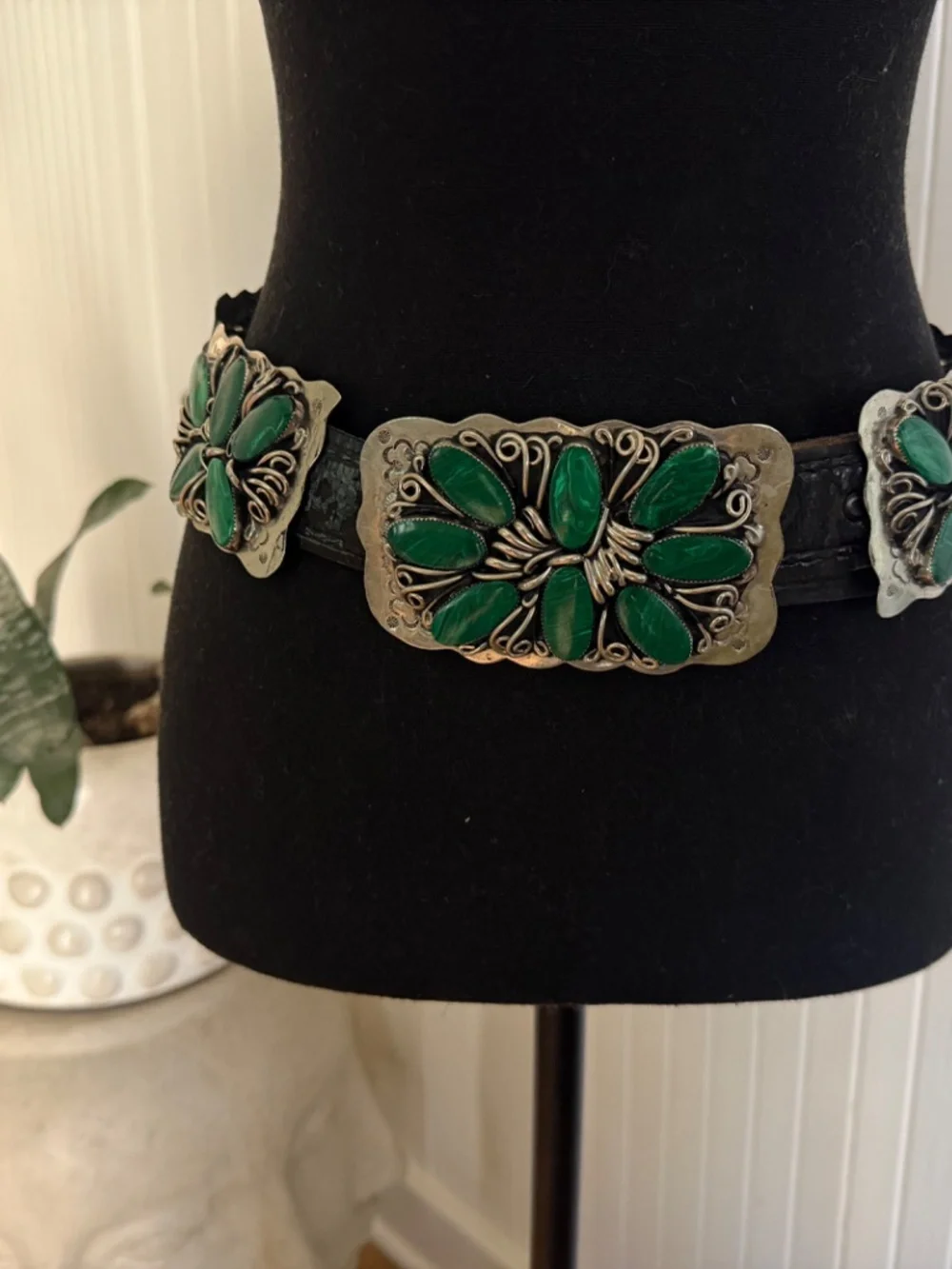Vintage Navajo Old Pawn Sterling Silver Malachite Concho Belt Handmade